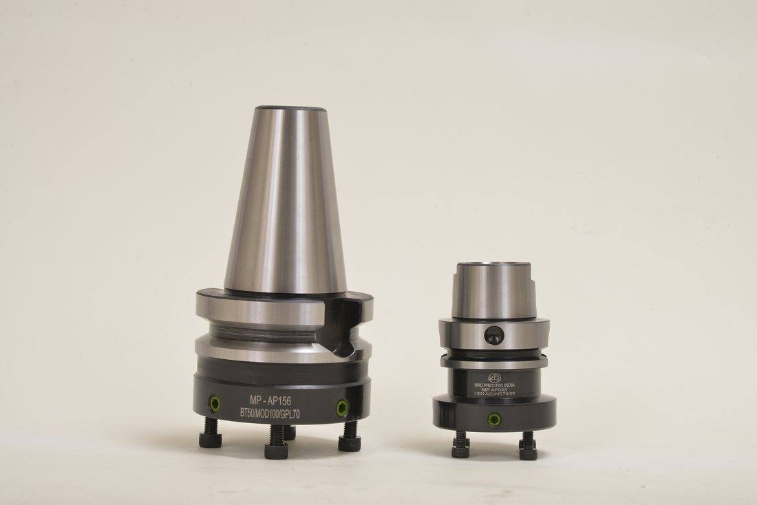 Mac Precitec India BT50 to HSK-A63 adaptor pair, MP-AP156 and MP AP033, standing together